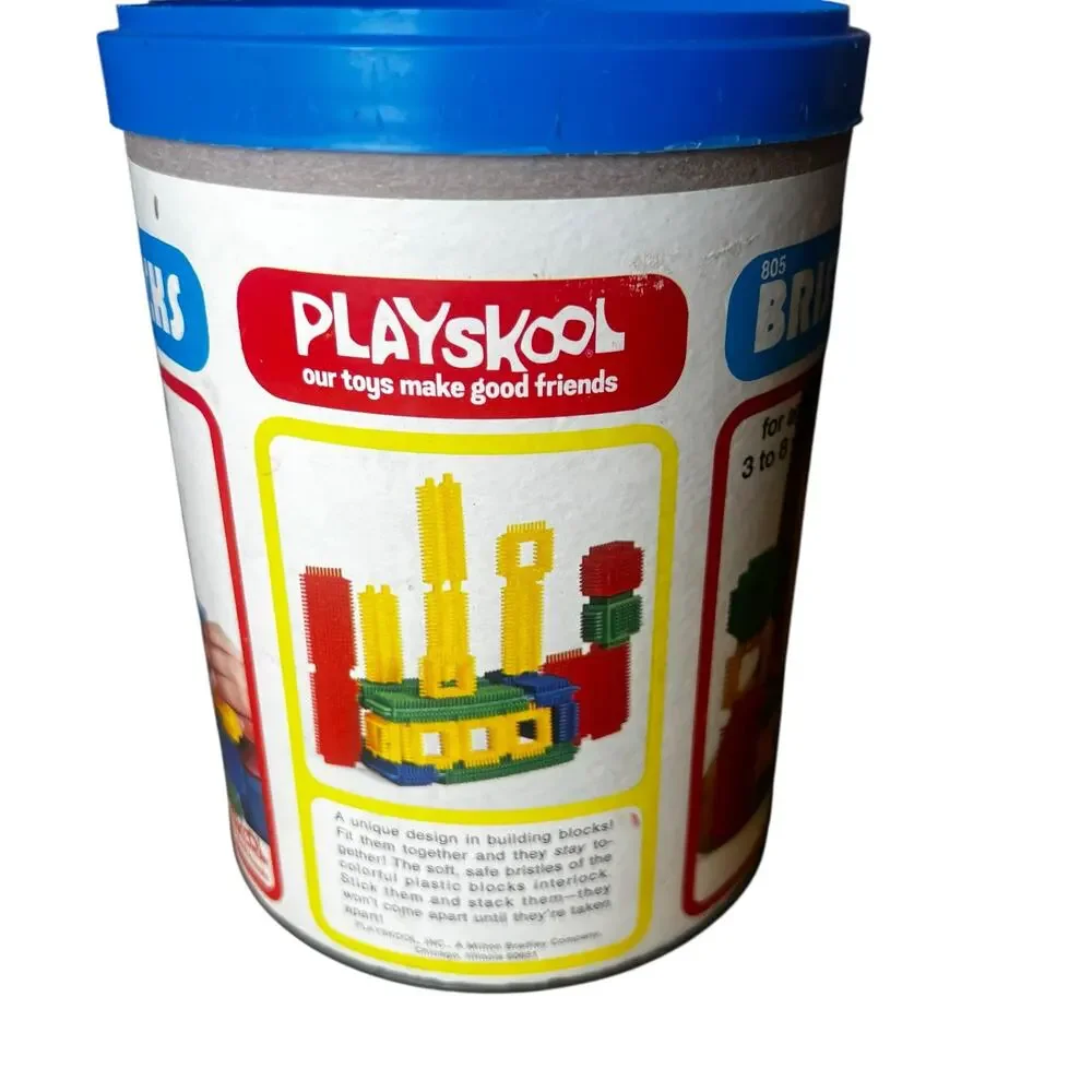 Vintage 1975 Playskool Bristle Blocks — Basic shapes Set in Original Tin